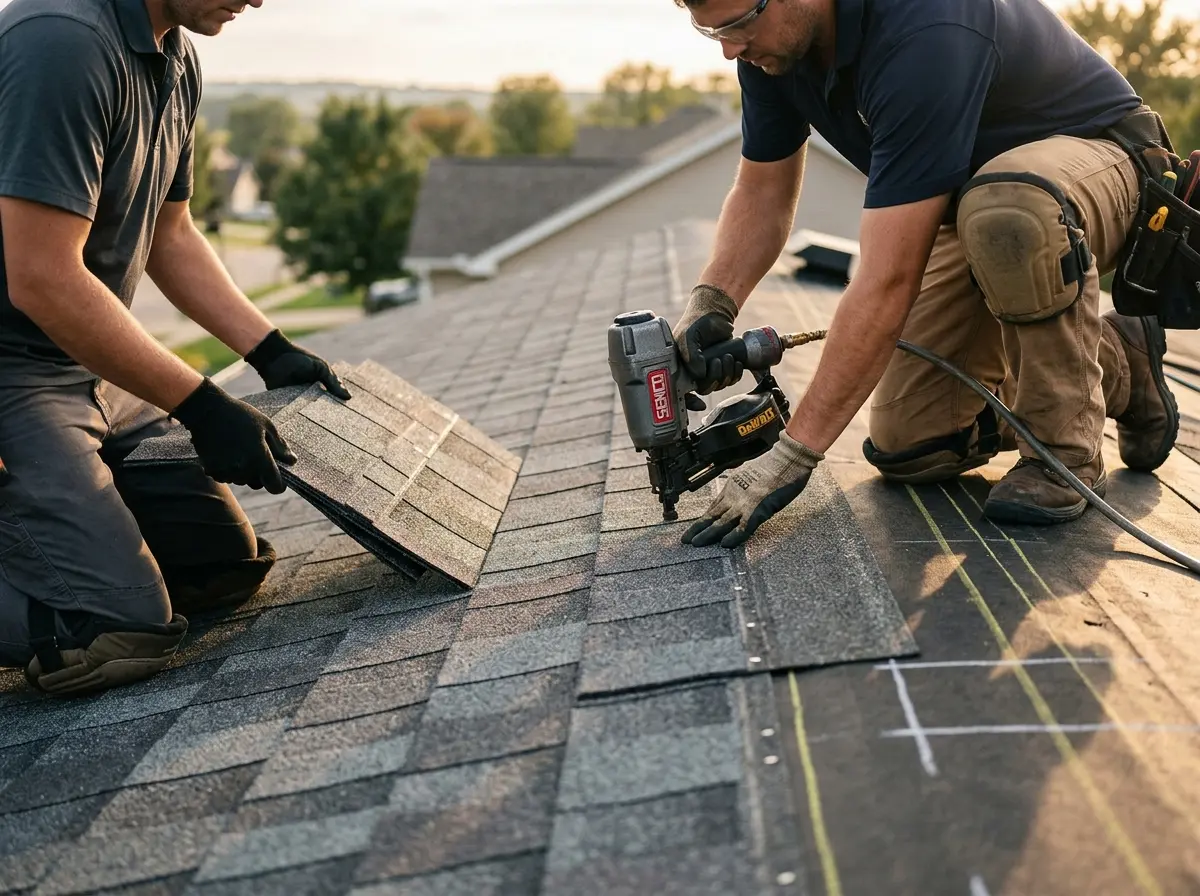 Professional roofer working on a residential roof in Gering